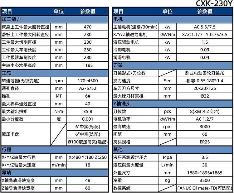 数控卧式车削中心CXK-230Y参数